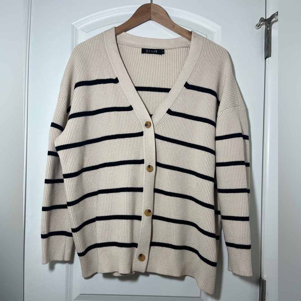 Efan Womens Striped V-Neck Button Cardigan Sweater - Cream/Black #125